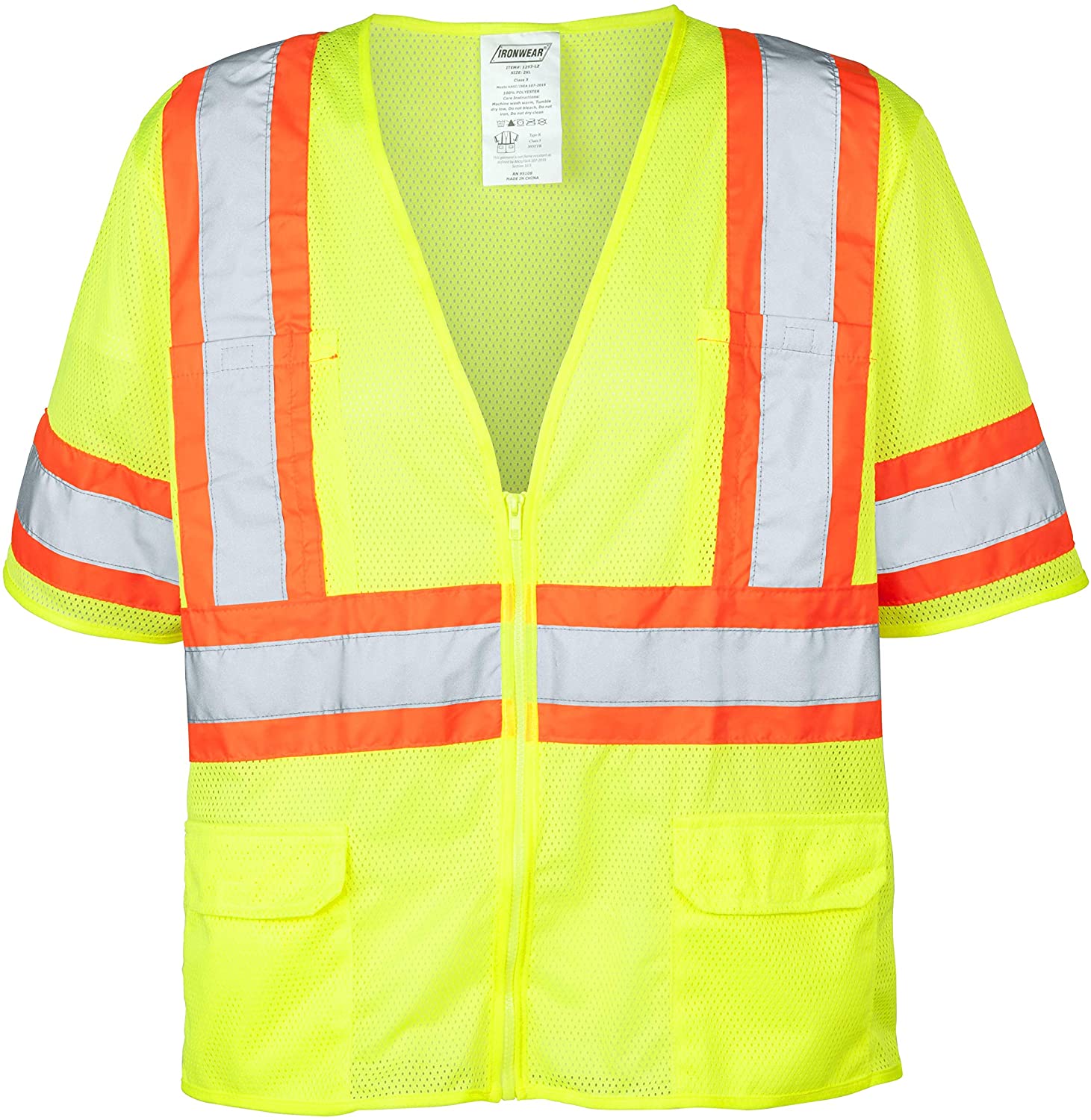 Ironwear® 1293-LZ Class 3 Hi-Vis Lime Reflective Safety Vest with 6 Pockets, X-Large