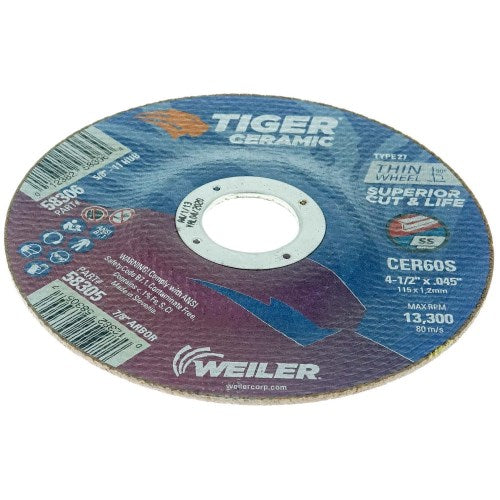 Weiler 4-1/2" X .045" Tiger Ceramic Type 27 Cutting Wheel L CER60S 7/8 A.H.
