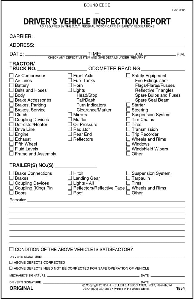 Detailed Driver's Vehicle Inspection Report - Book Format, 2-Ply Carbonless, 5.5" x 8.5", 31 Sets of Forms Per DVIR Book - Meet FMCSR Requirements - J. J. Keller & Associates (1854 DDV)