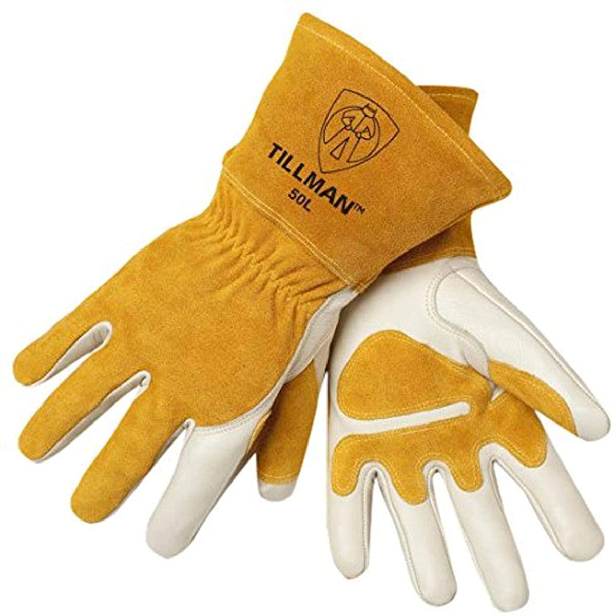 Tillman MIG Welders Glove Medium 14" Pearl Top Grain Side Split Cowhide Fleece Lined Premium Grade With Gauntlet Cuff, Seamless Index Finger And Elastic Back