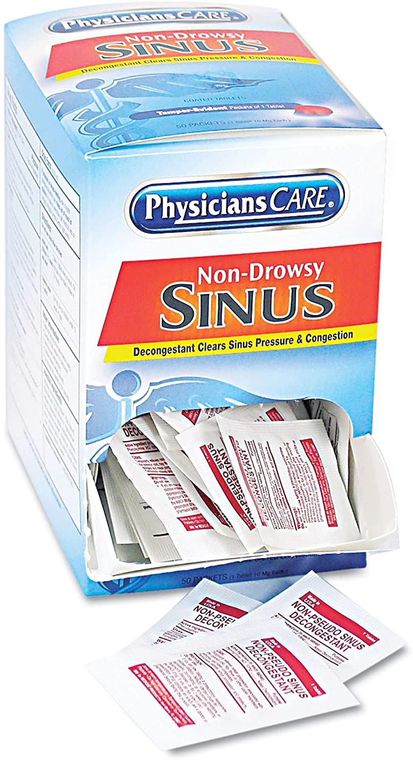 90087-005 First Aid Only PhysiciansCare Non-Drowsy Sinus Decongestant Medication, 50 Count - Sold per Box