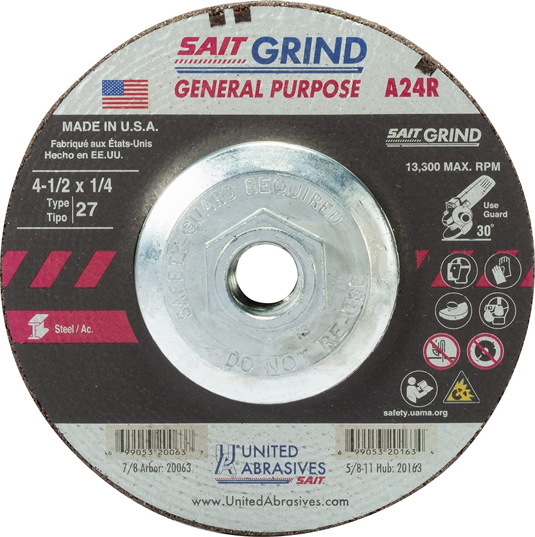 United Abrasives Sait 20163 A24R - Grinding Wheel (Metal, 4-1 / 2 x 1/4 x 5 / 8-11), Black