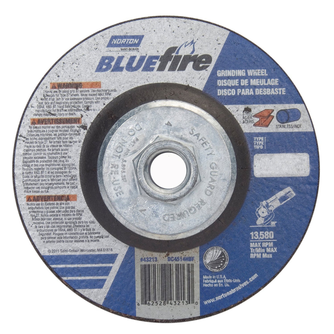 Norton 66252843213 Zirconia Alumina Type 27 Depressed Center Wheel, 4 1/2", 1/4", 24 Grit, 5/8-11 UNC, 13580 RPM