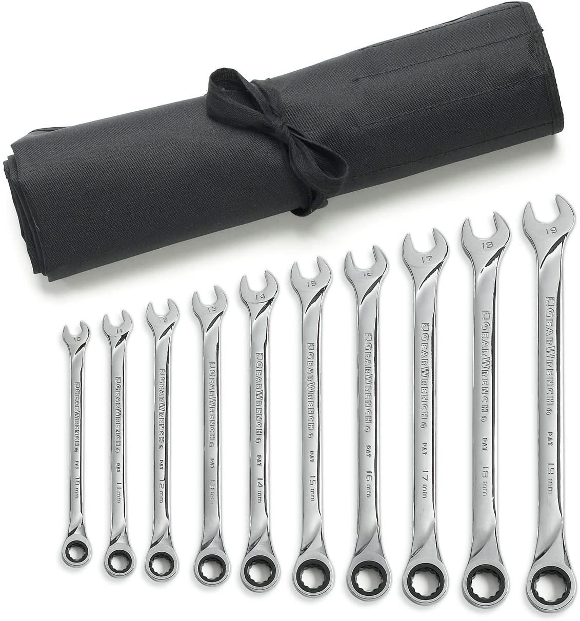 GEARWRENCH 10 Pc. 12 Point XL Ratcheting Combination Metric Wrench Set with Tool Roll - 85090R