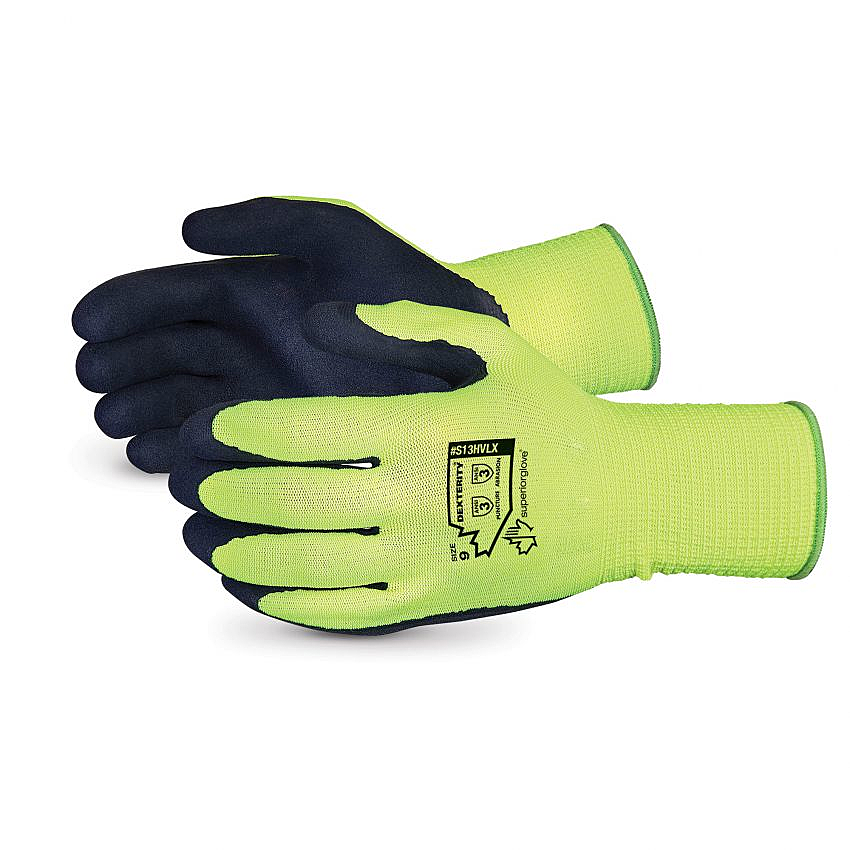 Dexterity S13HVLX-9 General Purpose Gloves, Coated, SZ 9, Foam Latex Palm, Micro Finish Latex Grip, Hi-Viz Lime Green, Knit Wrist Cuff, Foam Latex Coating