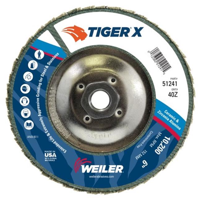 Weiler 51241 6" Tiger X Flap Disc, Angled (TY29), Phenolic Backing, 40Z, 5/8-11" Arbor Hole