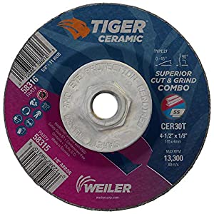 Weiler 58316 4-1 / 2 x 1/8 Tiger Ceramic Type 27 Cut Off / Grind Combo Wheel CER30T 5 / 8-11 - Nut (10 pcs)