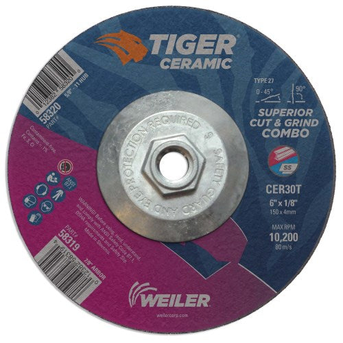 6" X 1/4" Tiger Ceramic Type 27 Grinding Wheel CER24R 5/8-11 Nut (58330)
