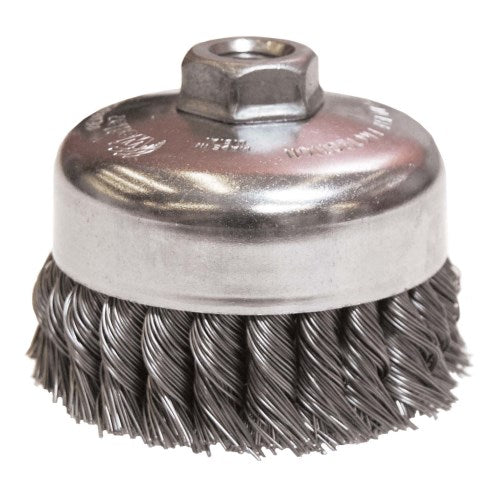 4" SINGLE ROW KNOT WIRE CUP BRUSH. .023" STEEL FILL, 5/8"-11 UNC NUT