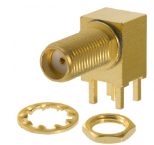 SMA Connector Jack, Female Socket 50 Ohms Panel Mount, Through Hole, Right Angle Solder (142-0701-501)