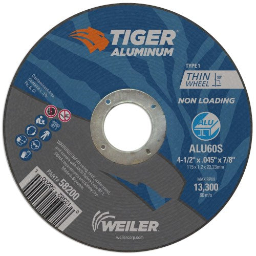 Weiler 58200 4-1/2" X .045" Tiger Aluminum Type 1 Cut-Off Wheel ALU60S 7/8 A.H.