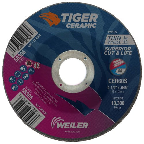 Weiler 58305 4-1/2" X .045" Tiger Ceramic Type 27 Cutting Wheel L CER60S 7/8 A.H.