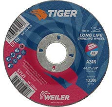 Weiler Tiger Standard (Type 27) Aluminum Oxide Grinding Wheel - 24 GRIT - 4 1/2 in Diameter - 7/8 in Center Hole - 1/4 in Thick - 57121