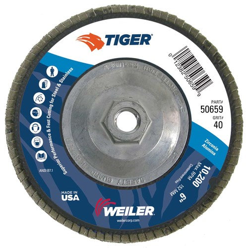 Weiler 50659 - 6" 40Z, 5/8"-11 A.H., Tiger Disc Abrasive Flap Disc, Angled, Phenolic Backing