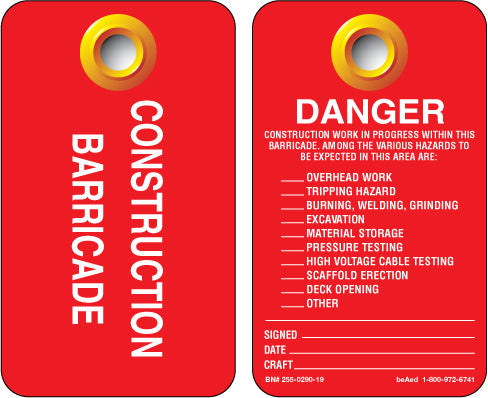 Construction Barricade Tag, Red, "Danger" 5.5″ x 3.25″ 20mil vinyl (255-0290-19)