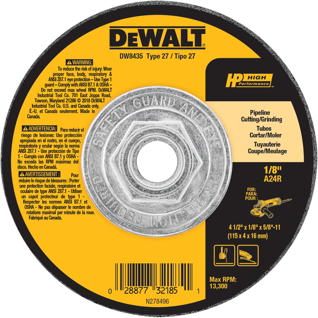 DeWalt DW8435 4-1/2" x 1/8" x 5/8"-11 High Performance Pipeline Wheel