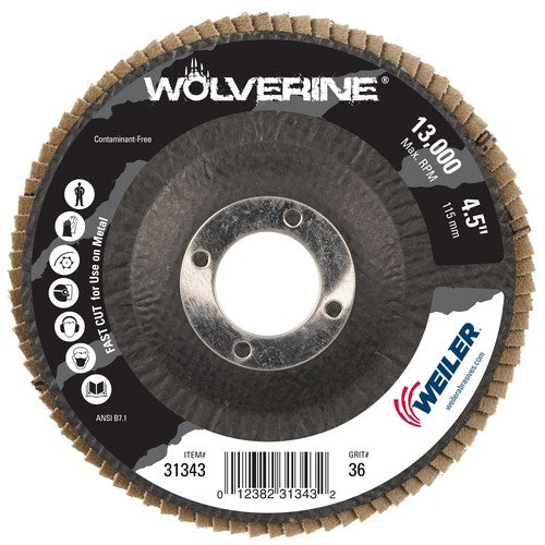 Weiler 31347 4-1/2" Wolverine Abrasive Flap Disc, Conical (TY29), Phenolic Backing, 120Z, 7/8" Arbor Hole