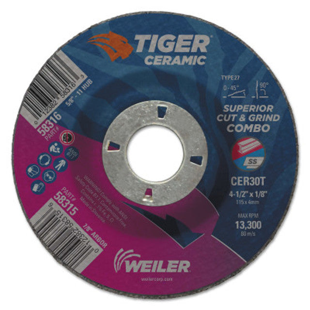 Weiler Tiger Ceramic Combo Wheels, 4.5 in Dia, 1/8 in Thick, 7/8 in Arbor, 24/bx, 25 BX, #58315