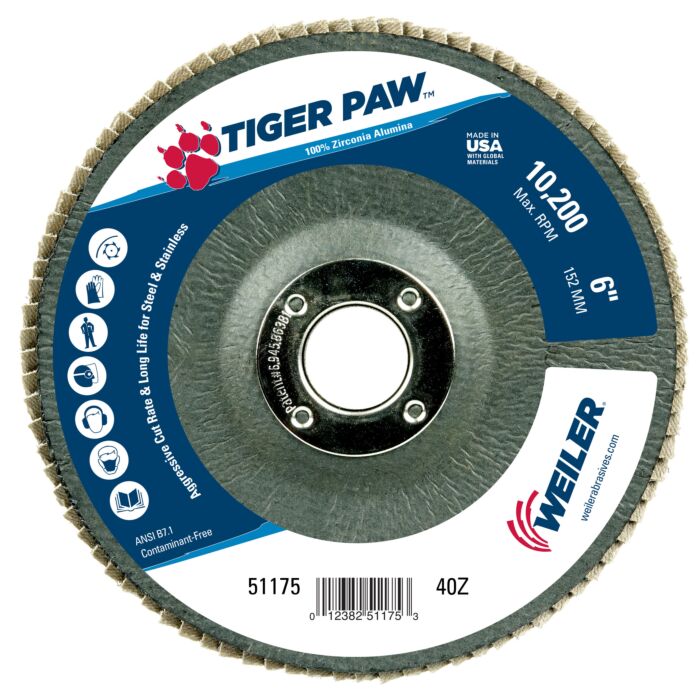 Weiler 51175 6" Tiger Paw Abrasive Flap Disc, Angled (TY29), Phenolic Backing, 40Z, 7/8" Arbor Hole