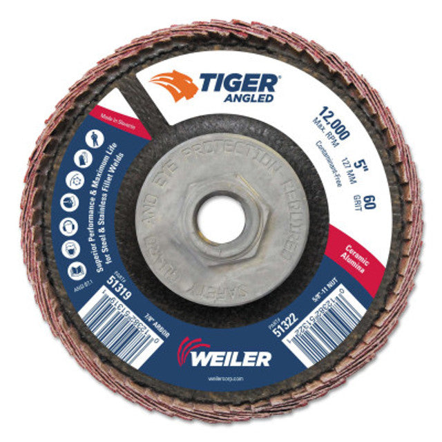 Weiler Tiger Ceramic Angled Flap Discs, 5 in Dia, 60 Grit, 5/8 in-11 Arbor, 12000 rpm, 10 BX, #51322