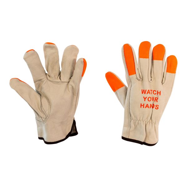Leather driver glove w/orange tip - "Watch Your Hands" - Large