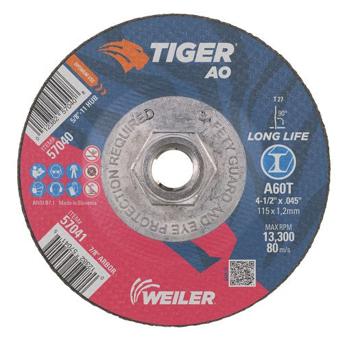 Weiler 4-1/2" X .045" TIGER AO TYPE 27 CUTTING WHEEL, A60T, 5/8"-11 NUT (57040), Pack of 10