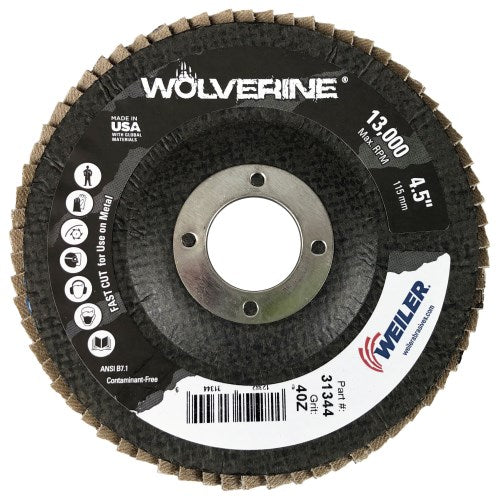 Weiler 4-1/2" Wolverine Abrasive Flap Disc, Conical (TY29), Phenolic Backing, 60Z, 5/8"-11 UNC Nut 31351