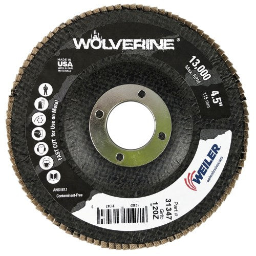 Weiler 31347 4-1/2" Wolverine Abrasive Flap Disc, Conical (TY29), Phenolic Backing, 120Z, 7/8" Arbor Hole