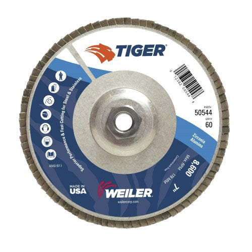 Weiler 7" Tiger Disc Abrasive Flap Disc, Conical (TY29), Aluminum Backing, 60z (50544)