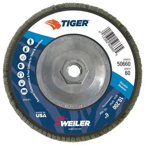 6" Tiger Disc Abrasive Flap Disc, Conical (TY29), Phenolic Backing, 60Z, 5/8"-11 UNC Nut (50660)