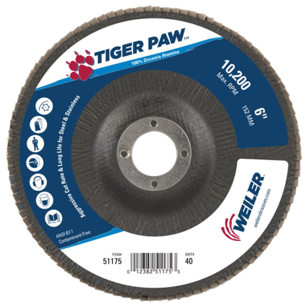 6" Tiger Paw Abrasive Flap Disc, Angled (TY29), Phenolic Backing, 40Z, 7/8" Arbor Hole (51175)