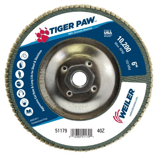 WEI-51179 - 10 Pack, 6" Tiger Paw Abrasive Flap Disc, Angled (TY29), Phenolic Backing, 40Z, 5/8"-11 UNC NUT