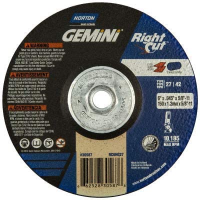 Norton 66252830587 Gemini Right Angle Cut-Off Wheel 6" x .045" x 5/8-11" 24 Grit Alum. Oxide T27 - Pkg Qty 10,