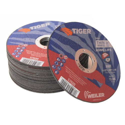 Weiler 57020 - Weiler 25 Pack, 4-1/2" X .045" Tiger AO Type 1 Cut-off Wheel, A60T, 7/8" A.H.q