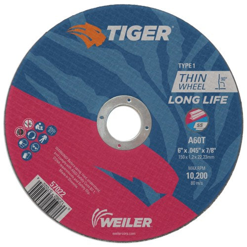 Weiler 57022 - 25 Pack, 6" X .045" Tiger AO Type 1 Cut-off Wheel, A60T, 7/8" A.H.
