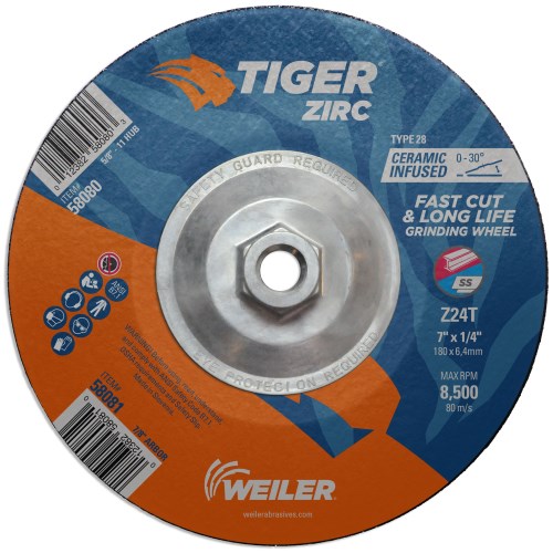 Weiler 58080 7"x 1/4" TIGER ZIRC Type 28 Grinding Wheel Z24T 5/8"-11 Nut