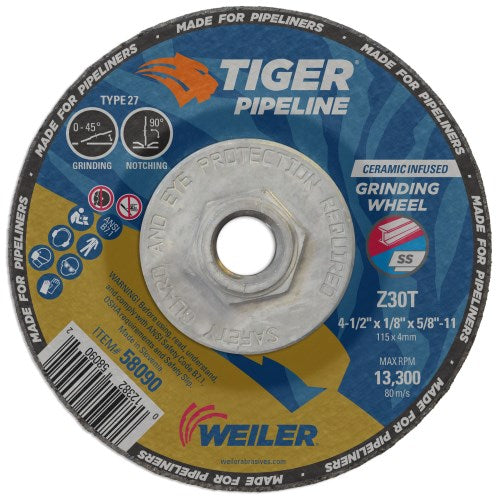 Weiler 58090 4-1/2" x 1/8" Tiger Pipeline, Z30T, Type 27, 5/8"-11 Nut