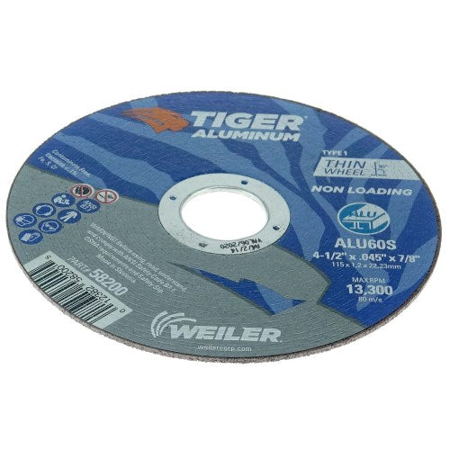 WEI-58200 4-1/2" X .045" Weiler Tiger Aluminum Type 1 Cut-off Wheel ALU60S 7/8 A.H., (Pack of 25)