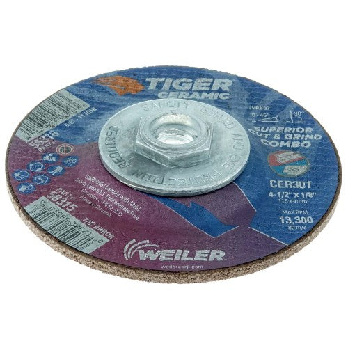 Weiler 4-1/2 x 1/8 Tiger Ceramic Type 27 Cut/Grind Combo Wheel CER30T 5/8-11 Nut (58316)