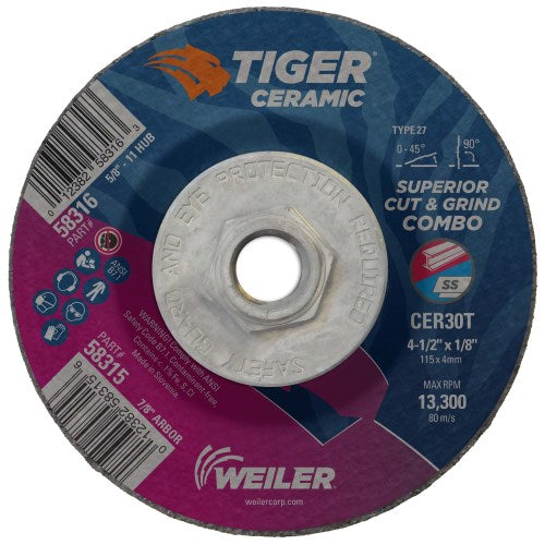 Weiler 4-1/2 x 1/8 Tiger Ceramic Type 27 Cut/Grind Combo Wheel CER30T 5/8-11 Nut (58316)