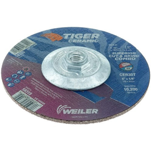 Weiler 58316 4-1 / 2 x 1/8 Tiger Ceramic Type 27 Cut Off / Grind Combo Wheel CER30T 5 / 8-11 - Nut (10 pcs)