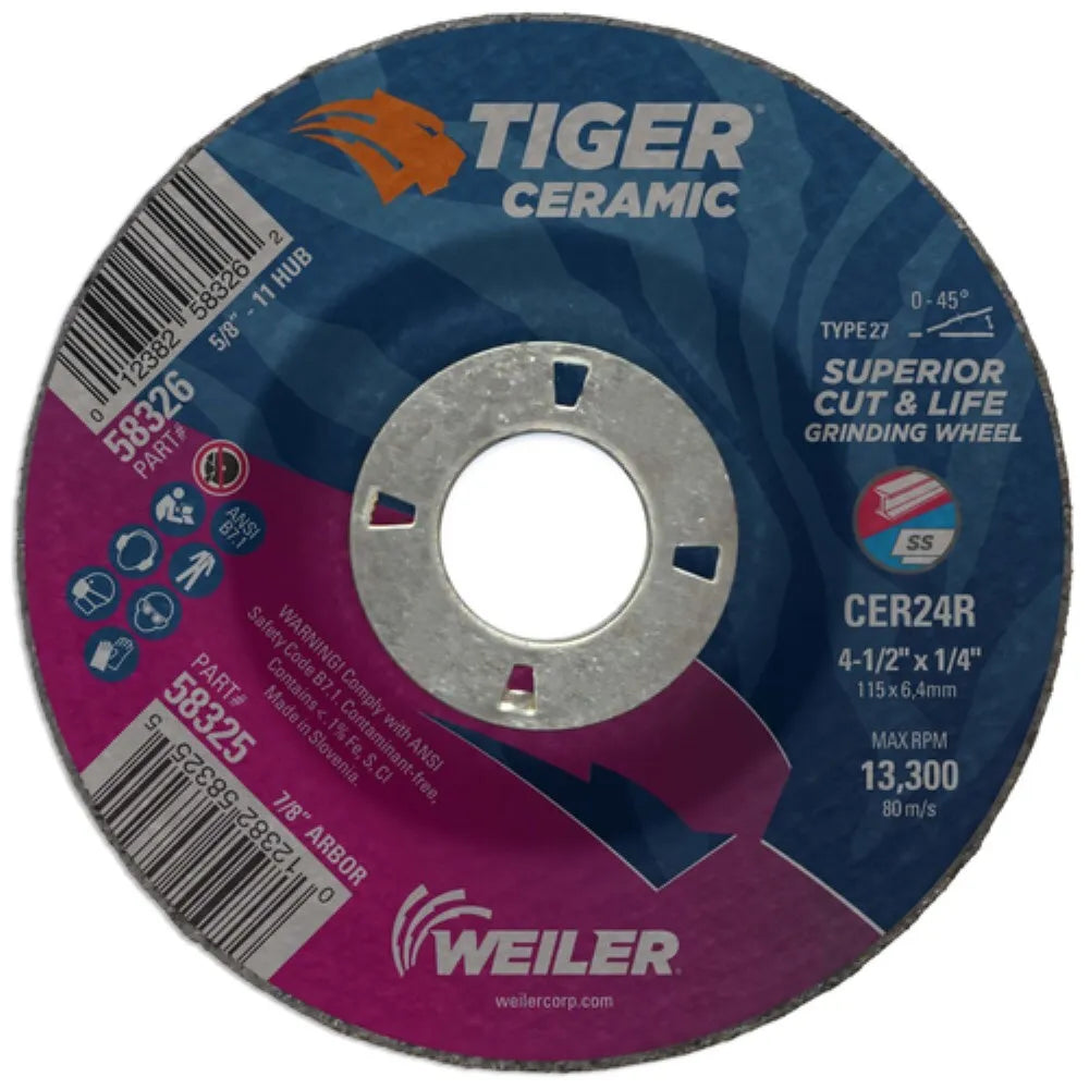 4-1/2" X 1/4" Tiger Ceramic Type 27 Grinding Wheel CER24R 7/8 A.H. (58325)