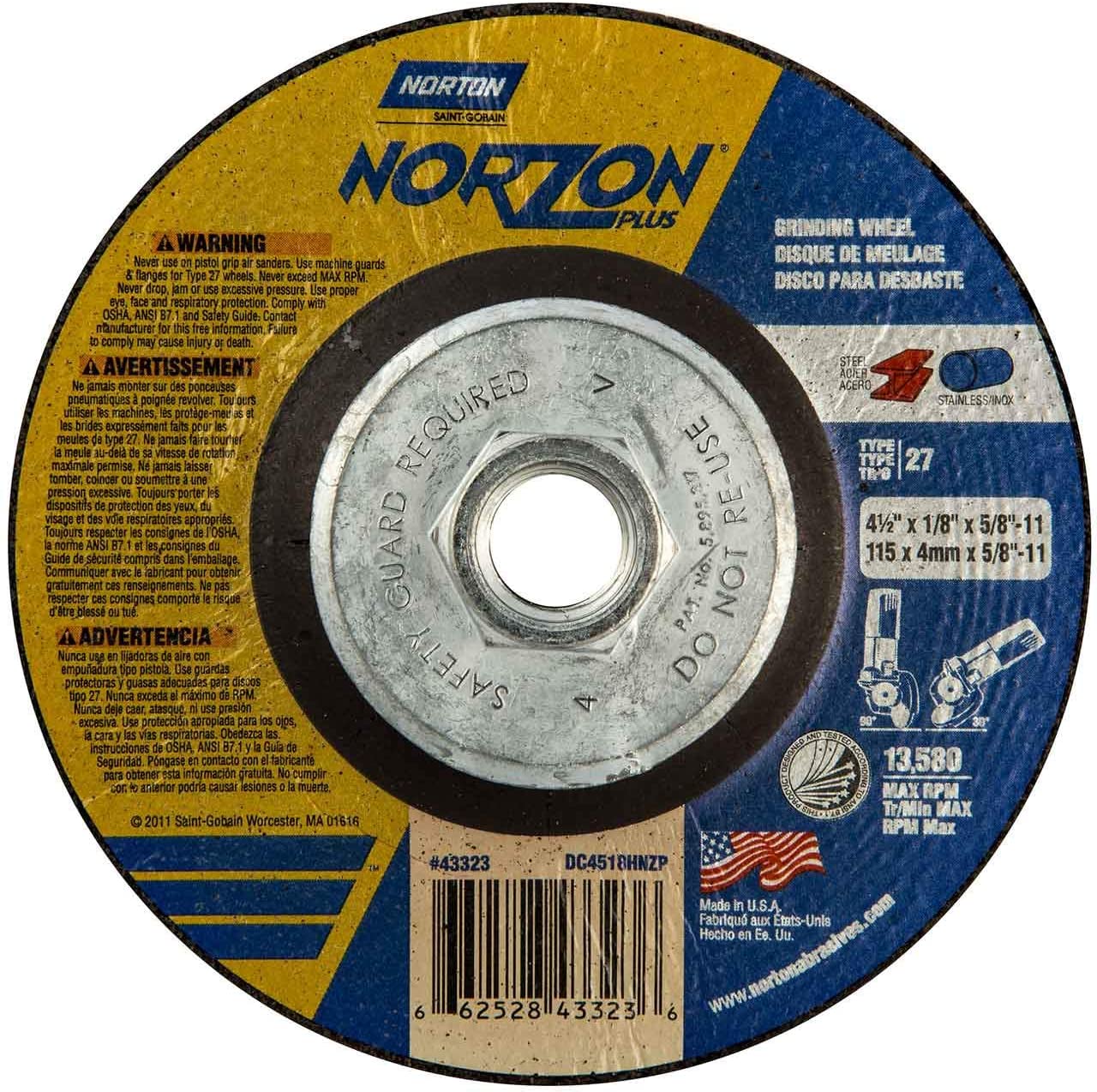 Norton 66252843323 4-1 / 2x1 / 8x5 / 8-11 inch NorZon Plus Depress Center Wheels, Type 27, 24 Grit, 10 Count
