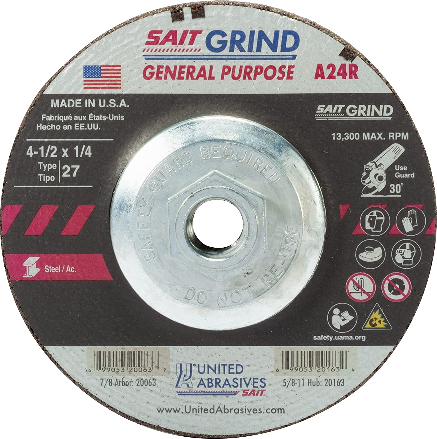 Sait 20163 A24R - Grinding Wheel (Metal, 4-1 / 2 x 1/4 x 5 / 8-11), Black