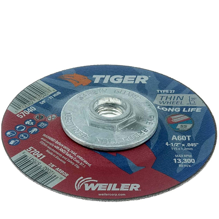 Weiler 57040 4-1/2" x .045" Tiger AO Type 27 Cutting Wheel, A60T, 5/8"-11 Nut