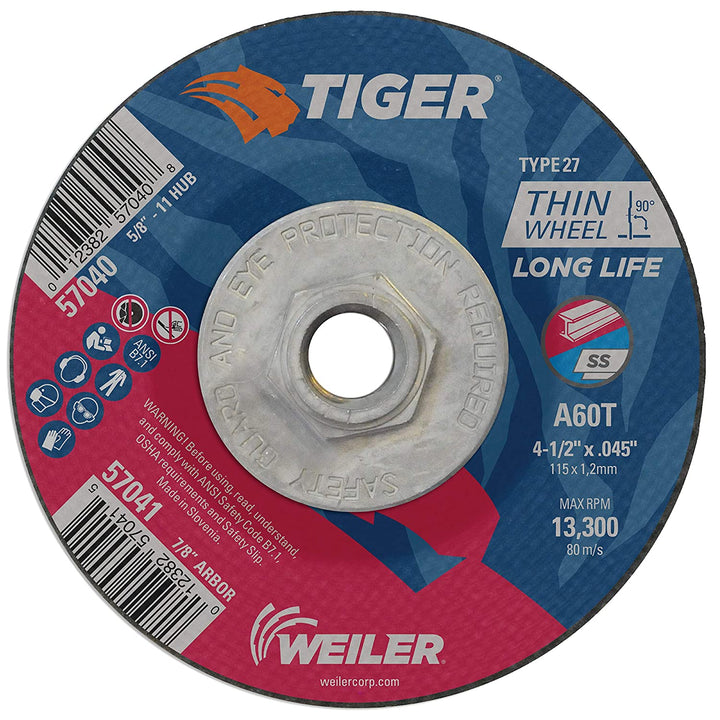 Weiler 57040 4-1/2" x .045" Tiger AO Type 27 Cutting Wheel, A60T, 5/8"-11 Nut