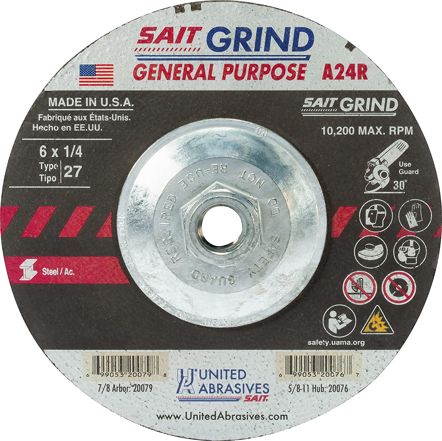 United Abrasives SAIT 20076 A24R 6 x 1/4 x 5/8-11 Long Life Metal Grin