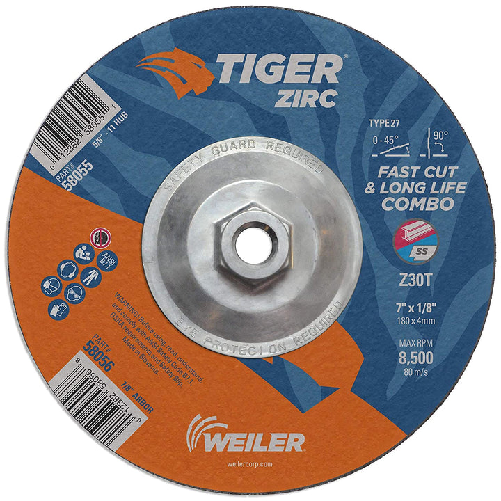 Weiler  58055 7" x 1/8" Tiger Zirc type 27 cut/grind combo wheel, Z30T, 5/8"-11 nut.