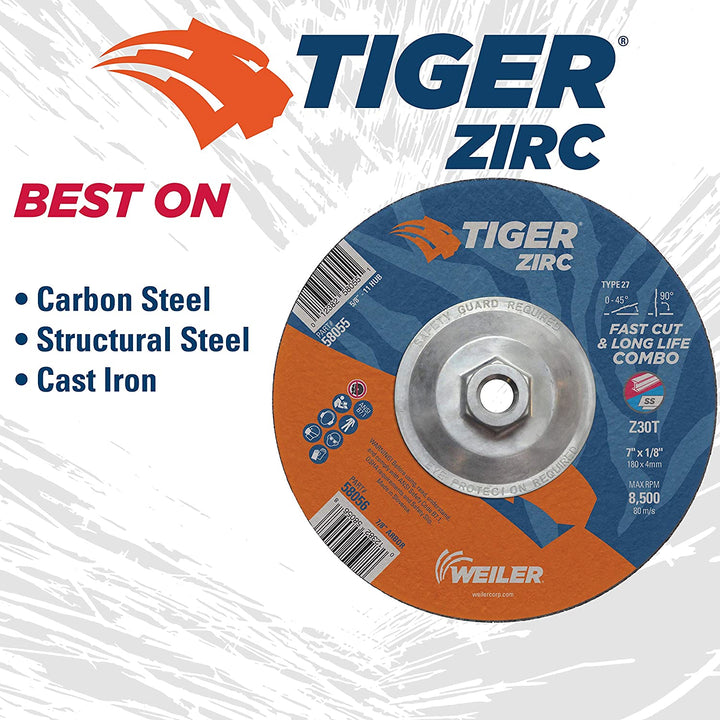 Weiler  58055 7" x 1/8" Tiger Zirc type 27 cut/grind combo wheel, Z30T, 5/8"-11 nut.