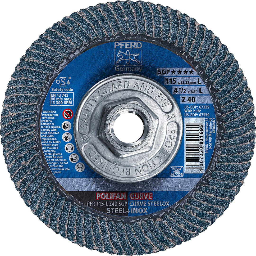 PFERD 67212 4-1/2" x 5/8-11 POLIFAN® CURVE Flap Disc SGP, Zirconia, 40 Grit, Medium Radius (67359)